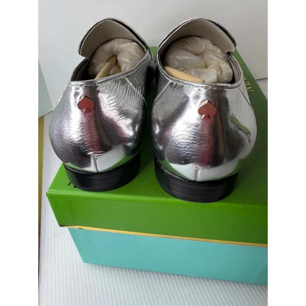 Kate Spade Silver Metallic‎ Leather Genevieve Loafers Almond Toe Flats 6.5M Box